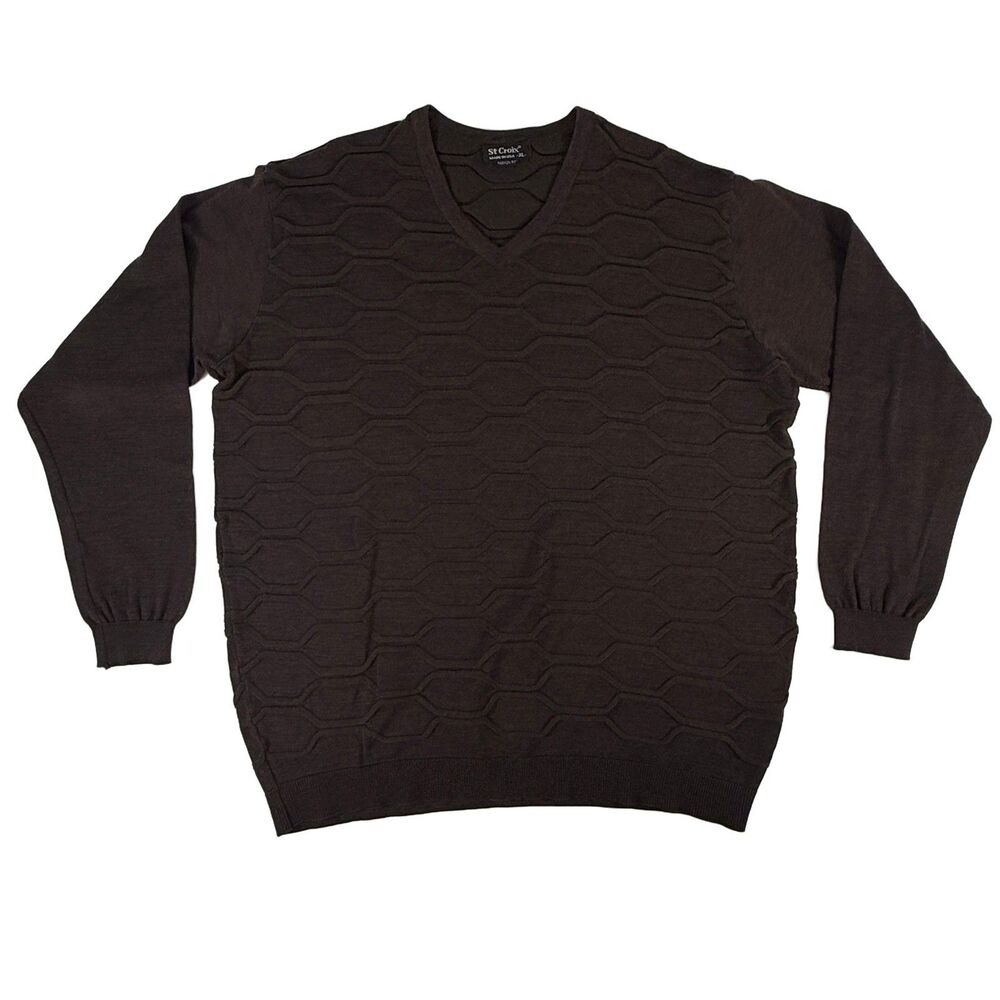 St. Croix Fashion Fit XL Brown Wool Cotton Textured V-Neck Sweater Made in USA